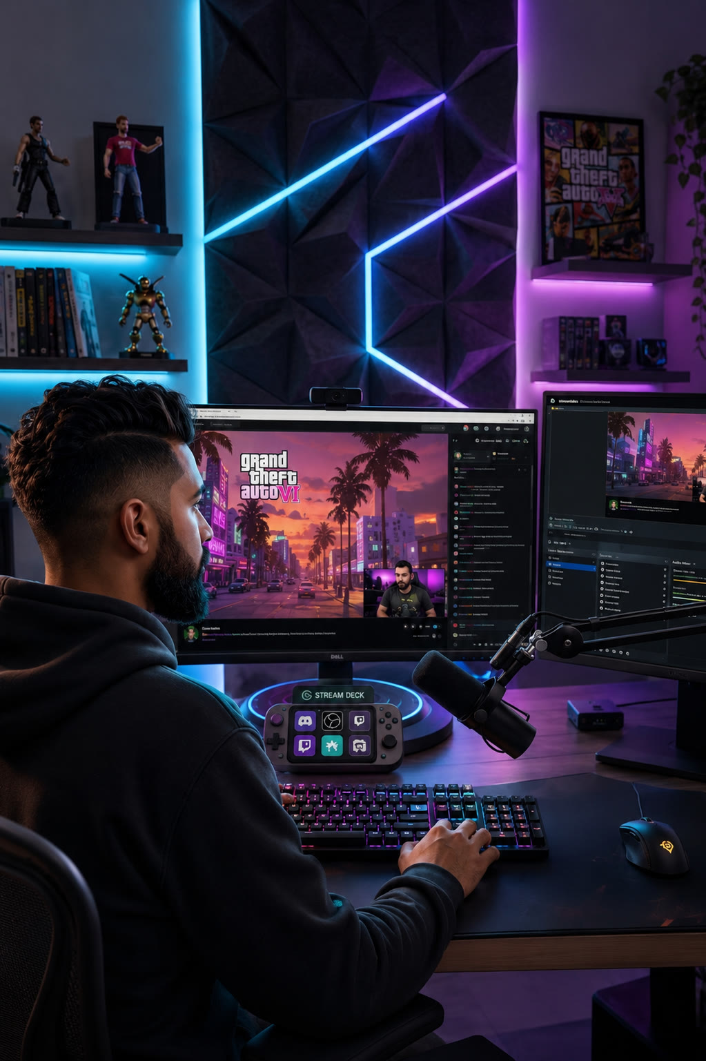 Creator streaming GTA in a neon battlestation